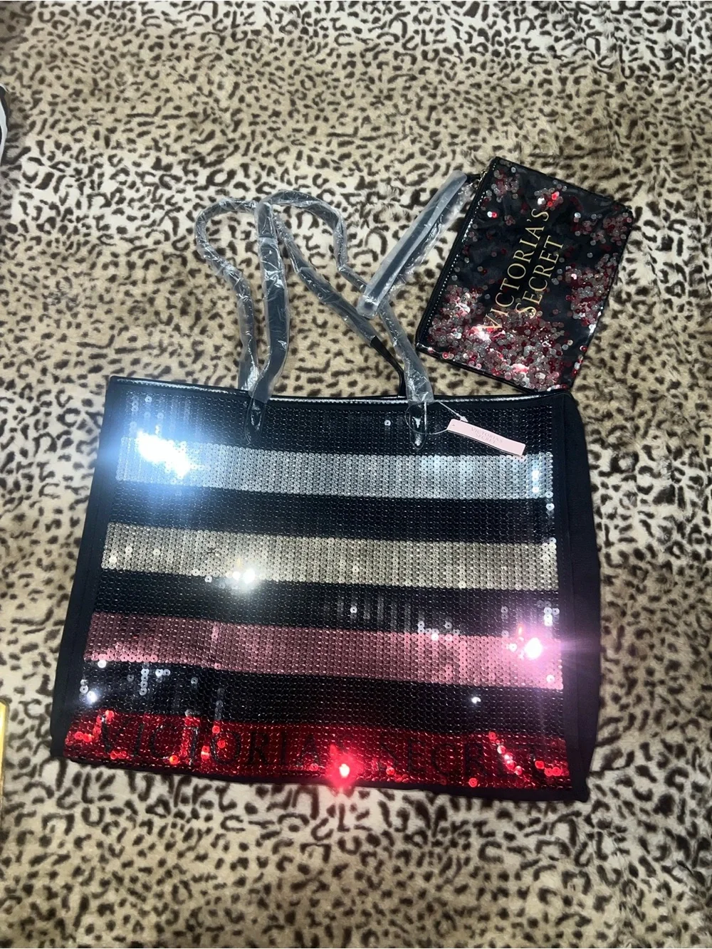 Victoria's Secret Sequined Stripe Carry-All Tote with matching zipper pouch NWT